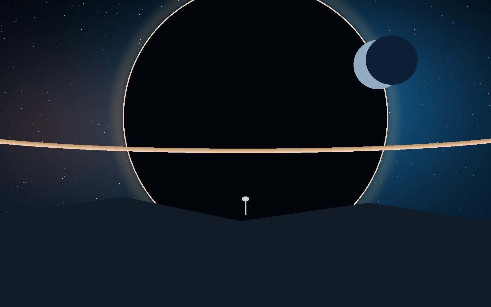 Original cosmic illustration: a luminous ring around a dark planet above a distant landscape
